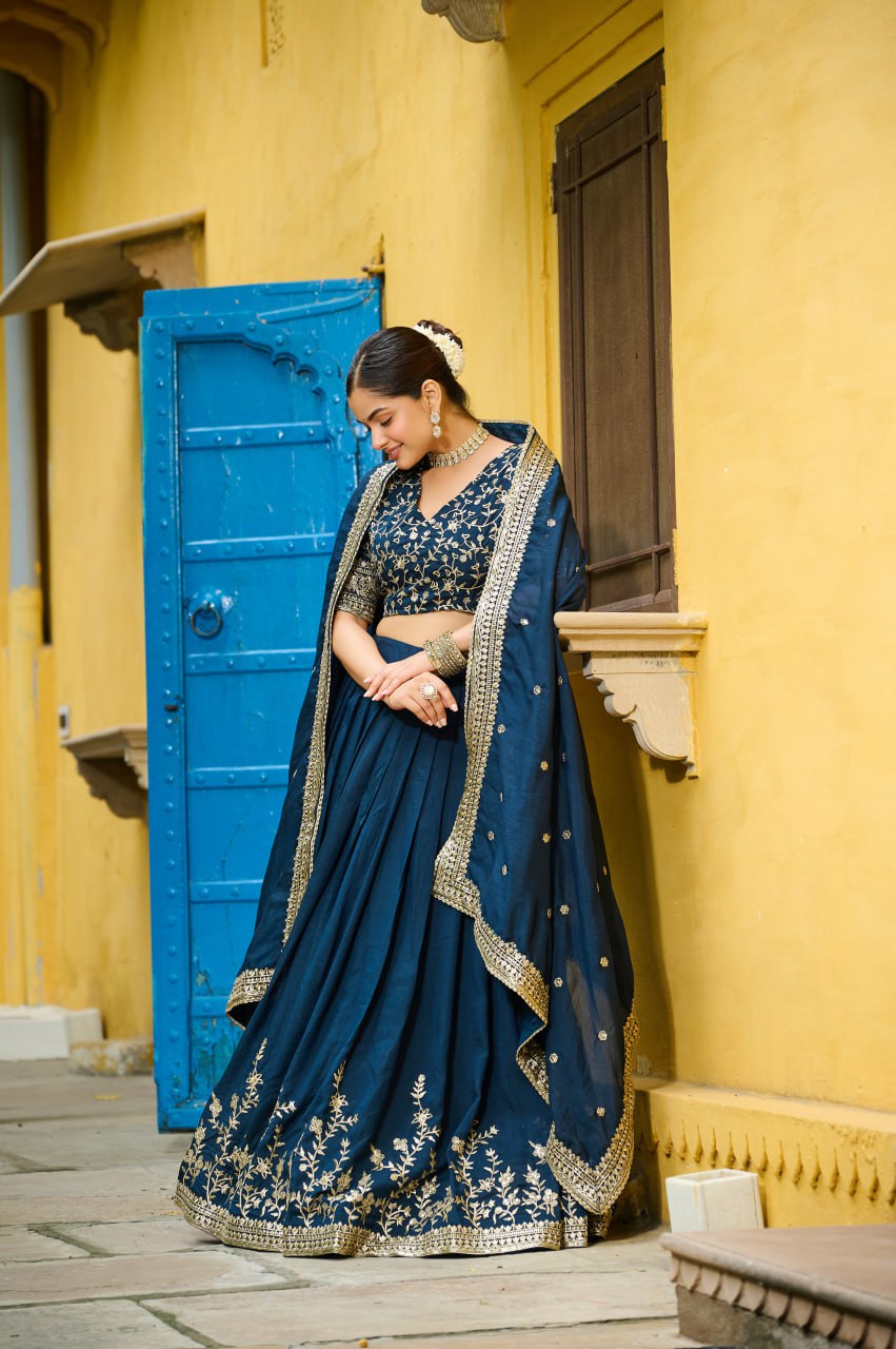 Blue Designer Vichitra Silk Lehenga with Sequins Multi-Embroidery – Full-Stitched Lehenga with Unstitched Blouse & Lace Border Dupatta