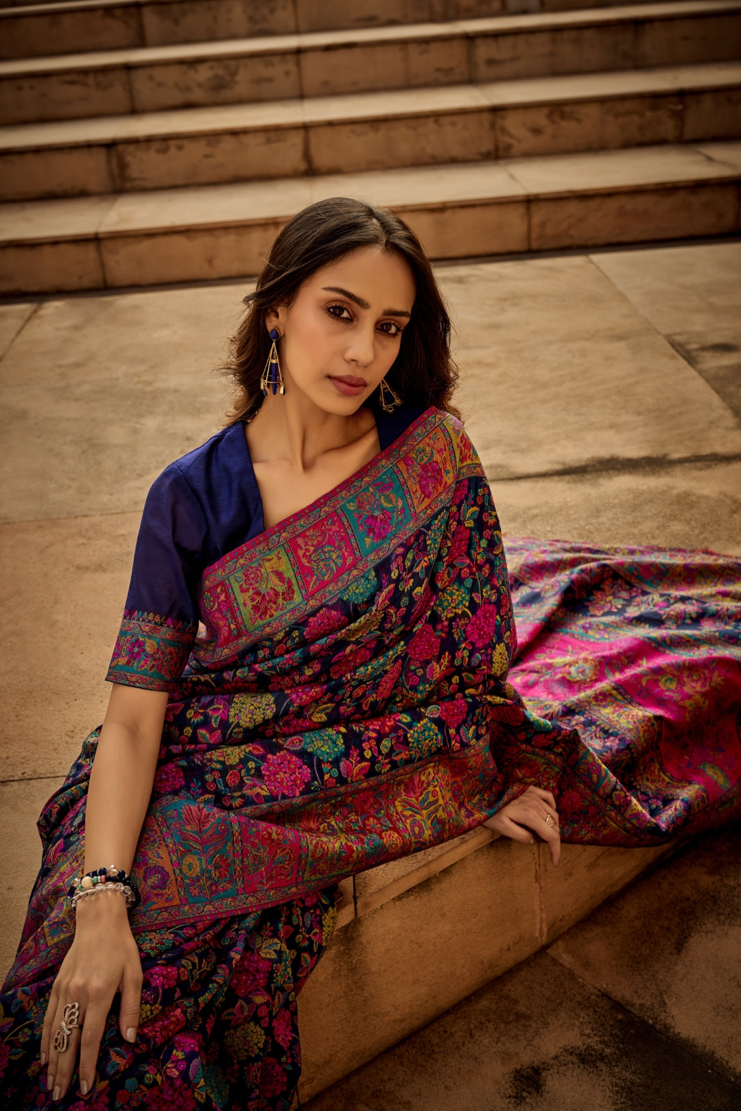 Blue Digital Print Elegant Bollywood Art Silk Saree with Zari Woven Border