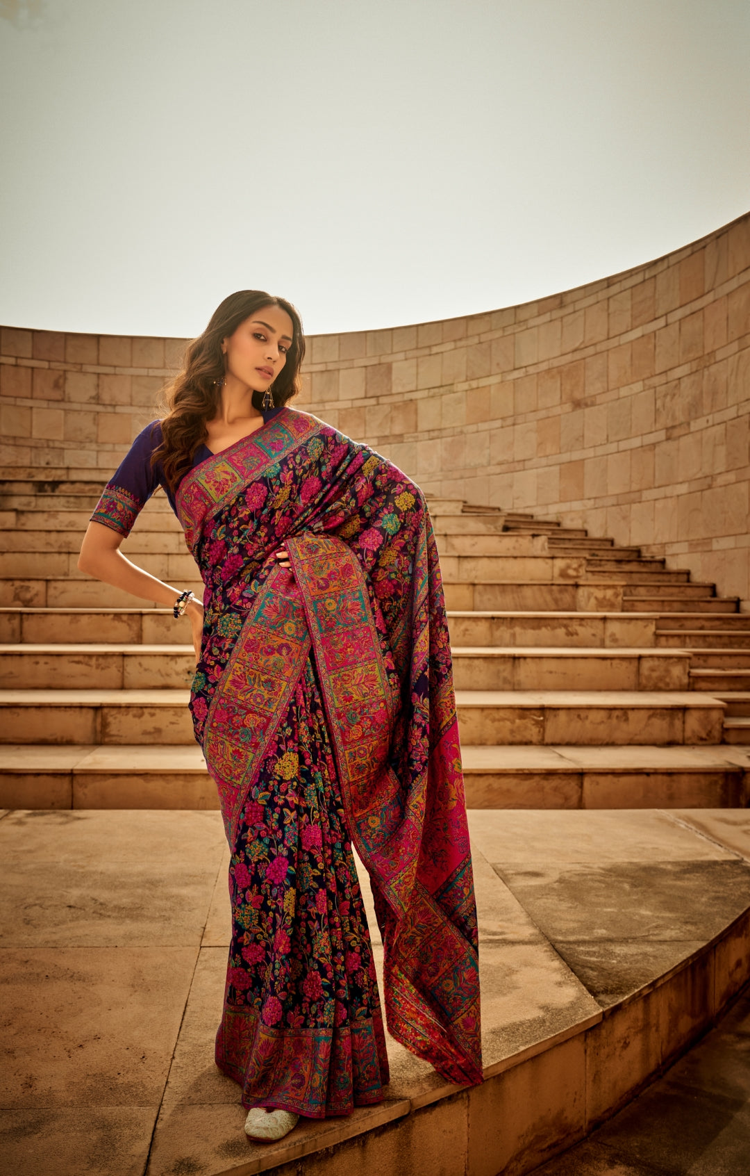 Blue Digital Print Elegant Bollywood Art Silk Saree with Zari Woven Border