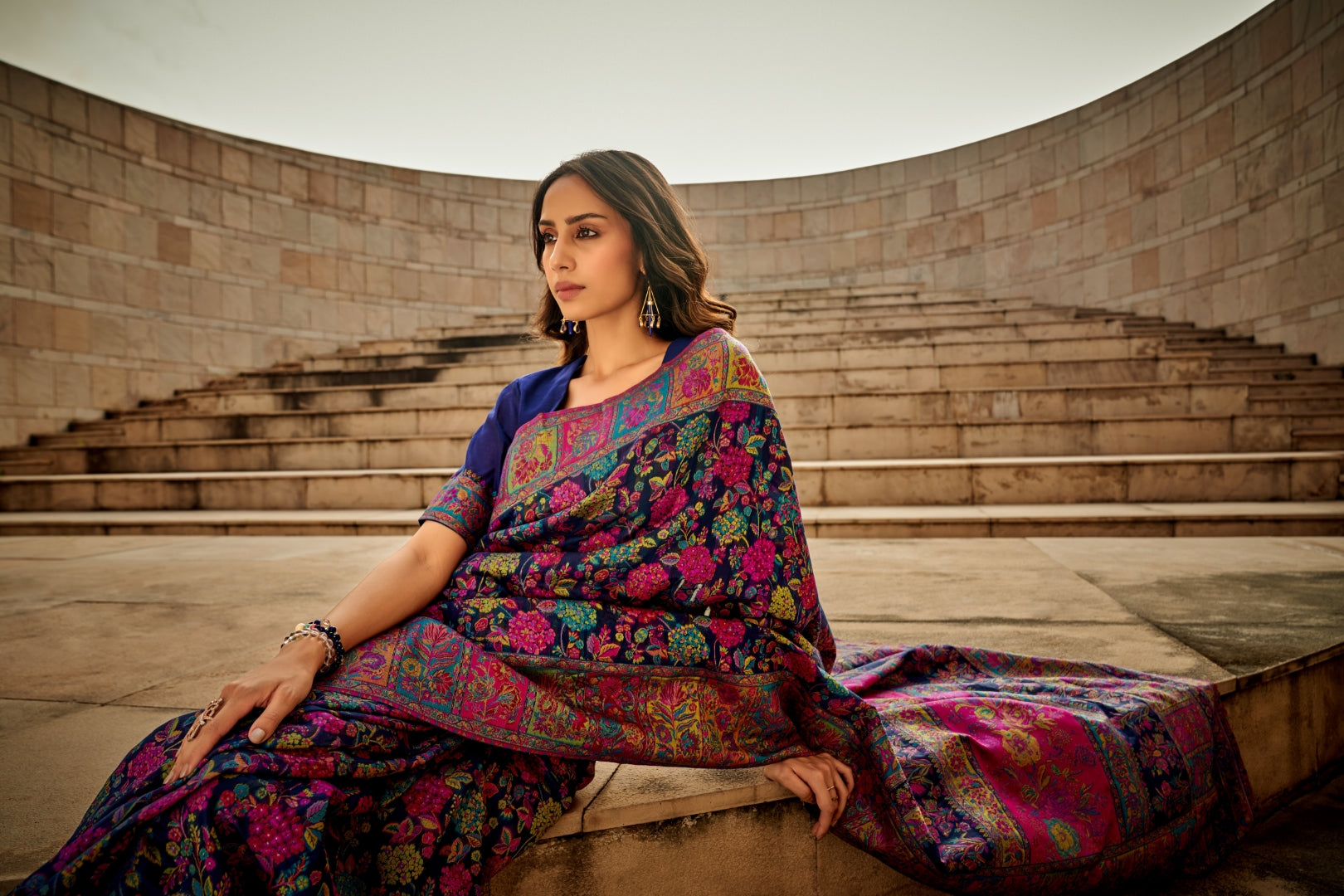 Blue Digital Print Elegant Bollywood Art Silk Saree with Zari Woven Border