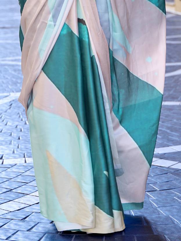 Blue Digital Print Saree in Satin Silk Blend – Party & Wedding Wear