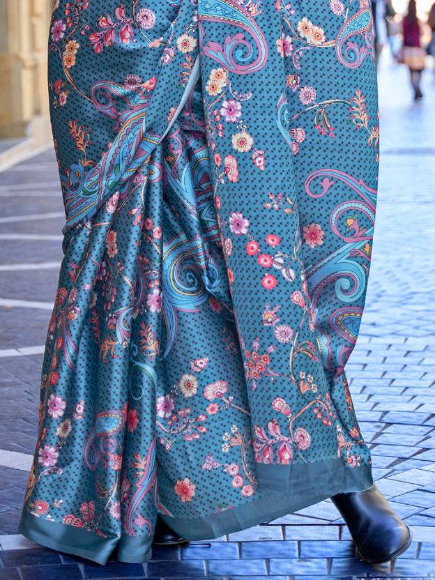 Blue Digital Print Saree in Satin Silk Blend – Party & Wedding Wear