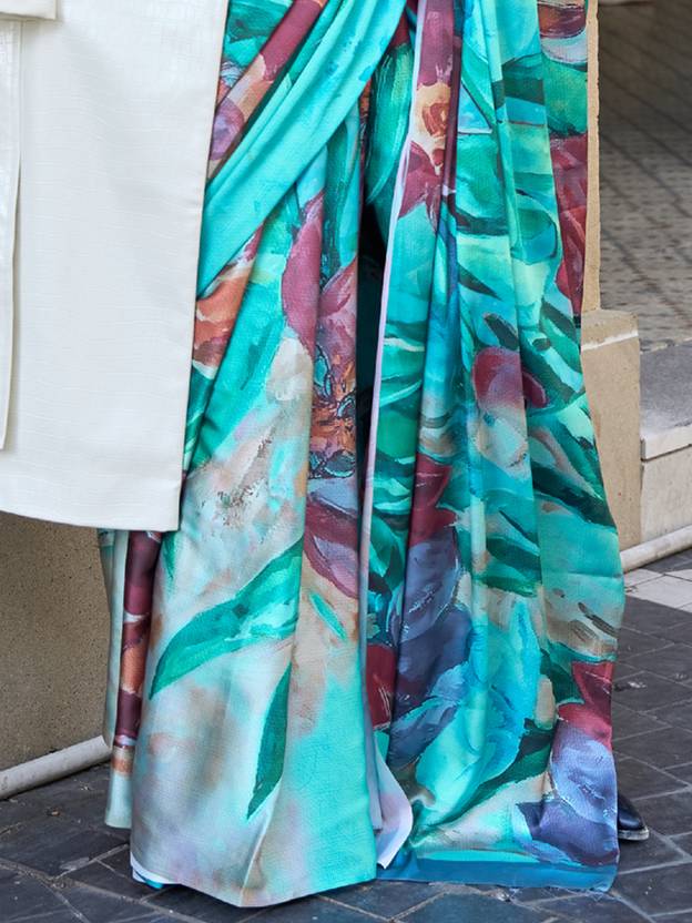 Blue Digital Print Saree in Satin Silk Blend – Party & Wedding Wear