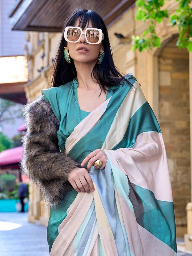 Blue Digital Print Saree in Satin Silk Blend – Party & Wedding Wear