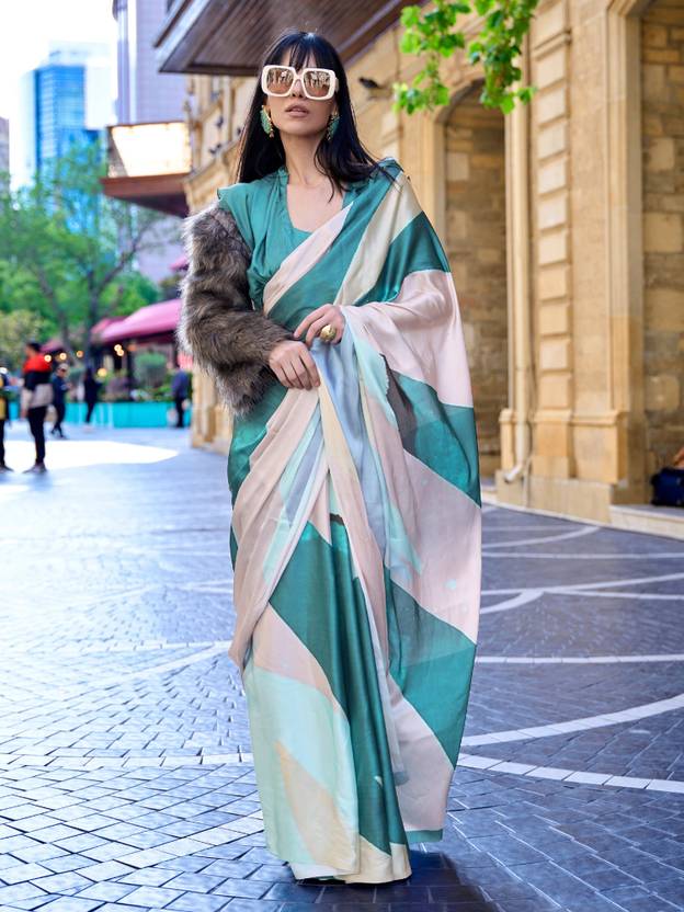 Blue Digital Print Saree in Satin Silk Blend – Party & Wedding Wear
