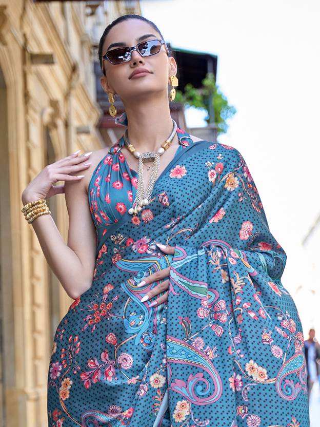 Blue Digital Print Saree in Satin Silk Blend – Party & Wedding Wear