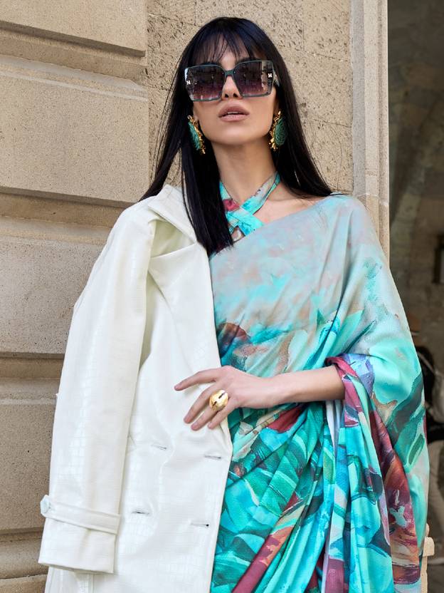 Blue Digital Print Saree in Satin Silk Blend – Party & Wedding Wear