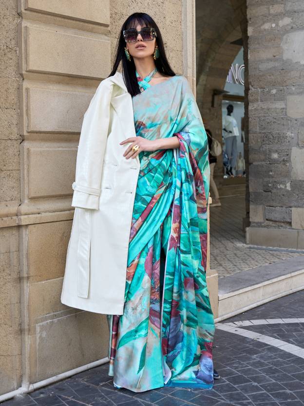Blue Digital Print Saree in Satin Silk Blend – Party & Wedding Wear