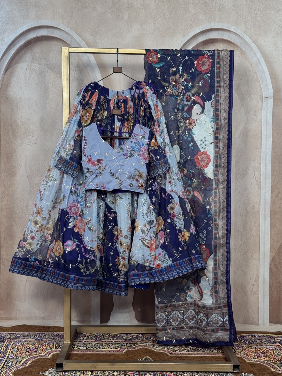 Blue Digital Print Silk Lehenga Set