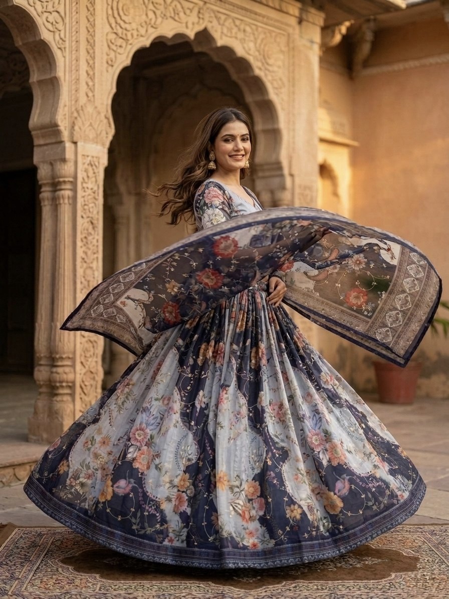 Blue Digital Print Silk Lehenga Set
