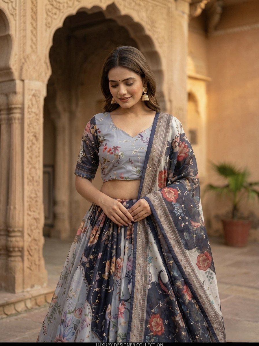 Blue Digital Print Silk Lehenga Set