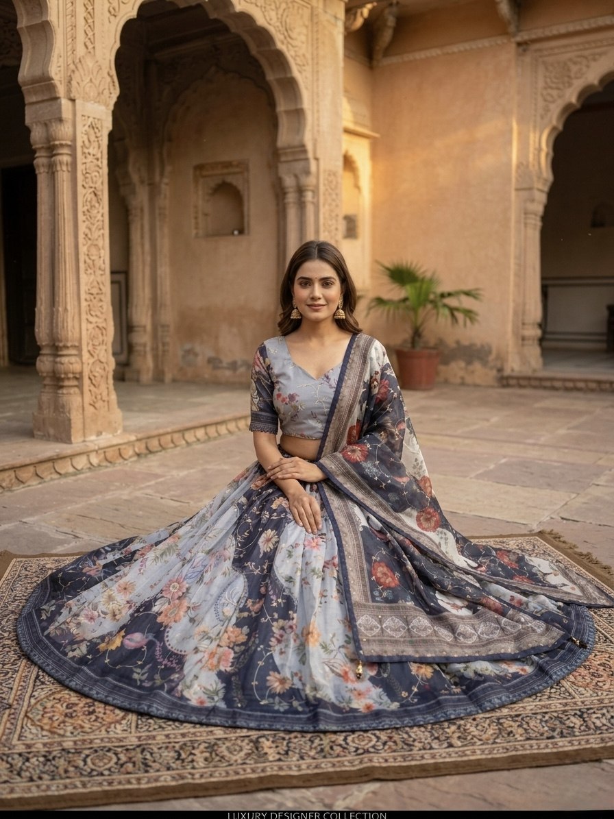 Blue Digital Print Silk Lehenga Set