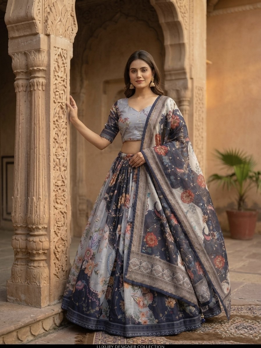Blue Digital Print Silk Lehenga Set
