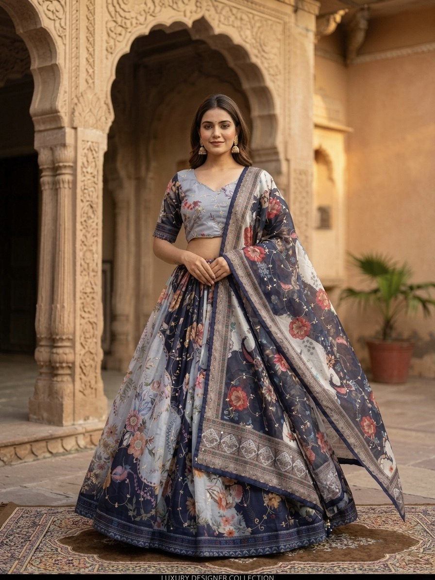 Blue Digital Print Silk Lehenga Set