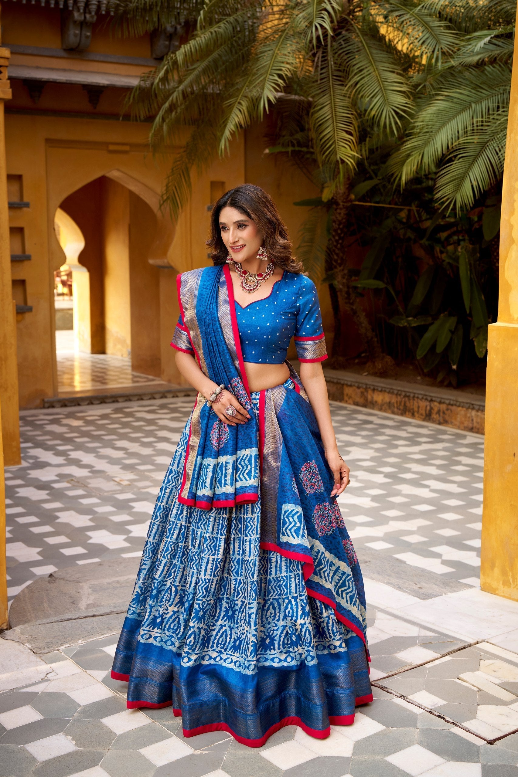 Blue Dola Silk Batik Print Lehenga Choli Set with Zari Weaving & Matching Dupatta – Fully Stitched Designer Ethnic Wear