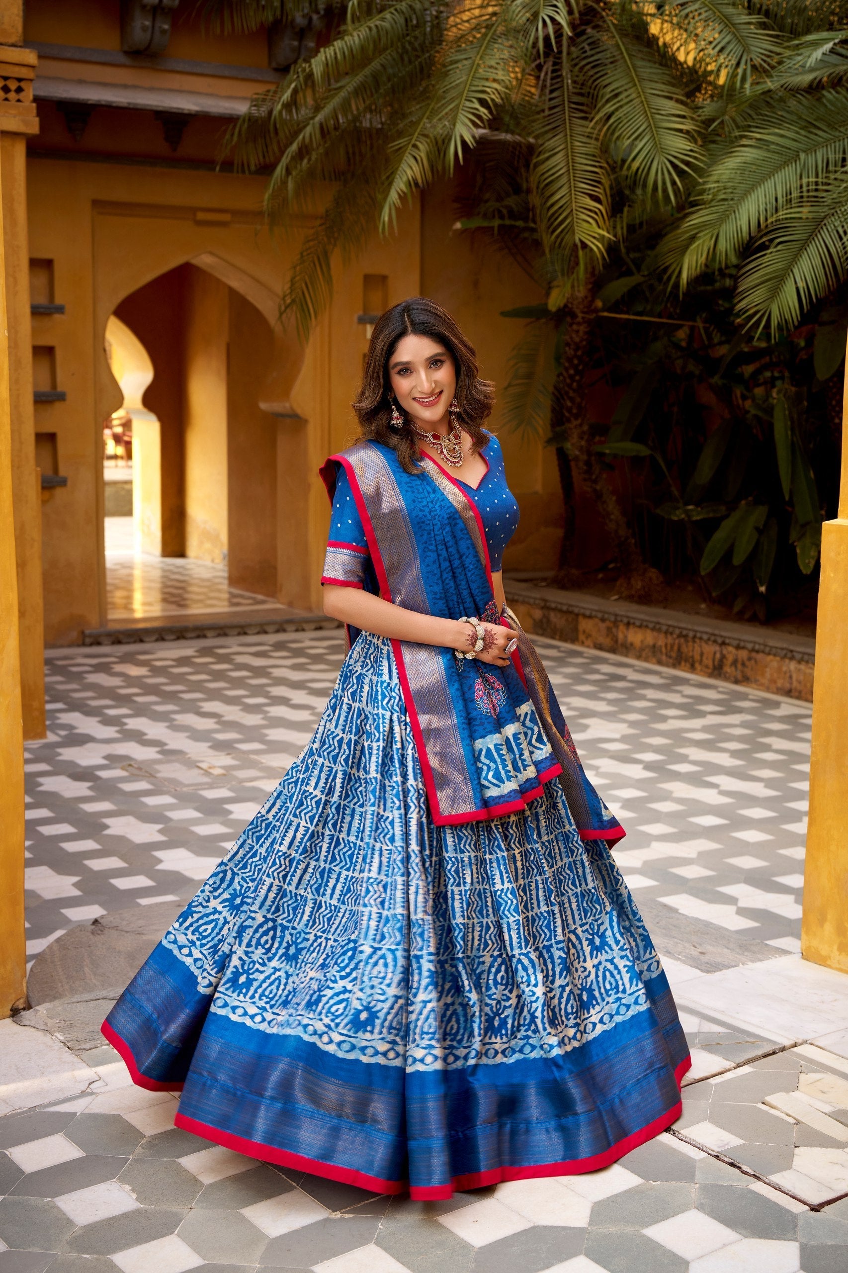 Blue Dola Silk Batik Print Lehenga Choli Set with Zari Weaving & Matching Dupatta – Fully Stitched Designer Ethnic Wear