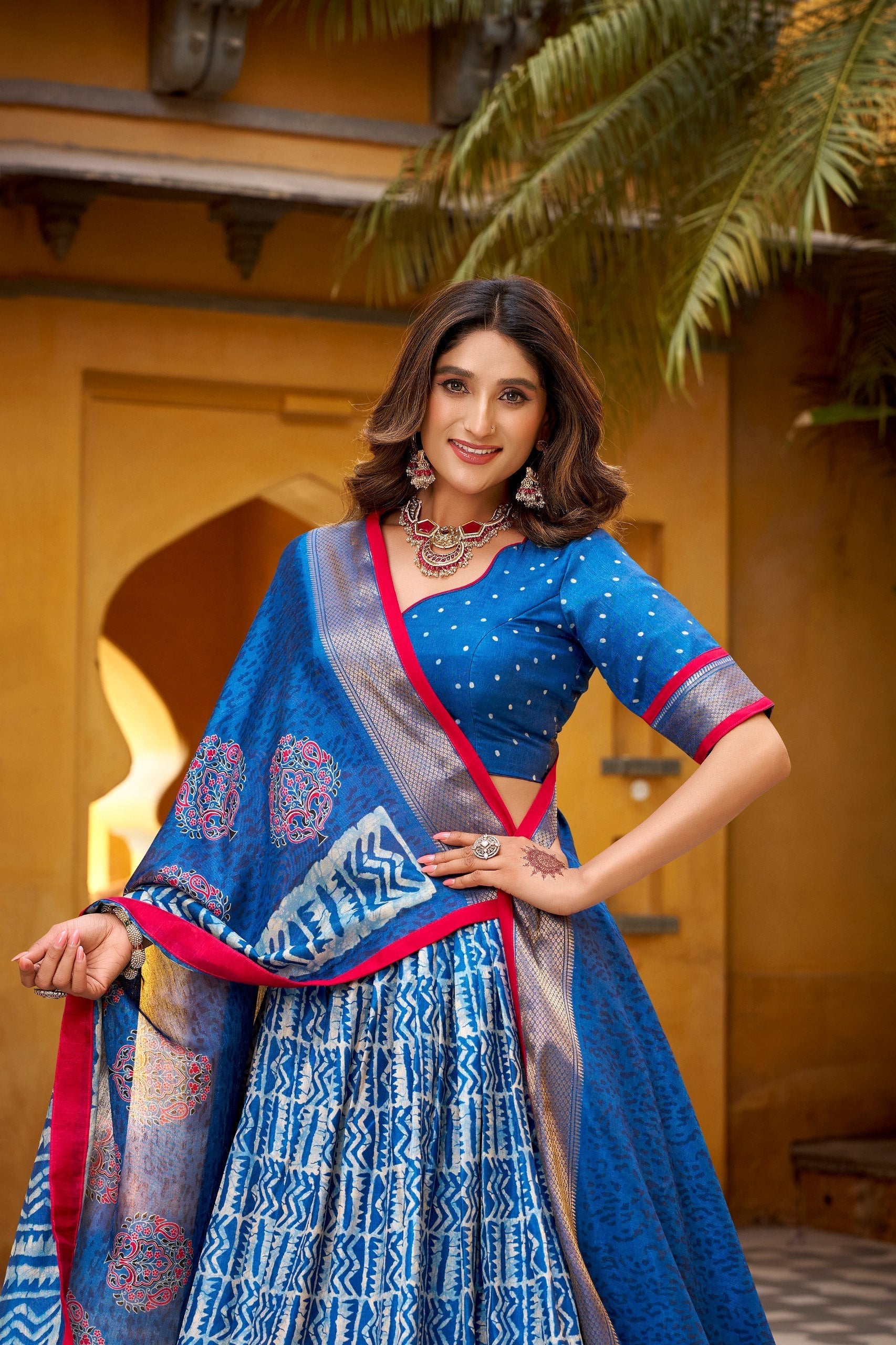 Blue Dola Silk Batik Print Lehenga Choli Set with Zari Weaving & Matching Dupatta – Fully Stitched Designer Ethnic Wear