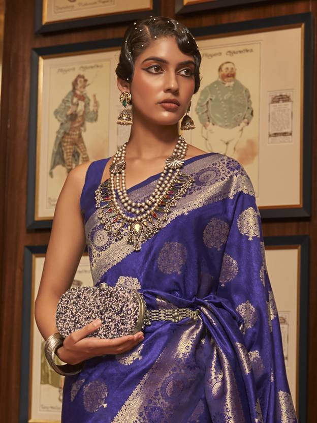 Blue Elegant Banarasi Silk Blend Saree with Unstitched Blouse Piece