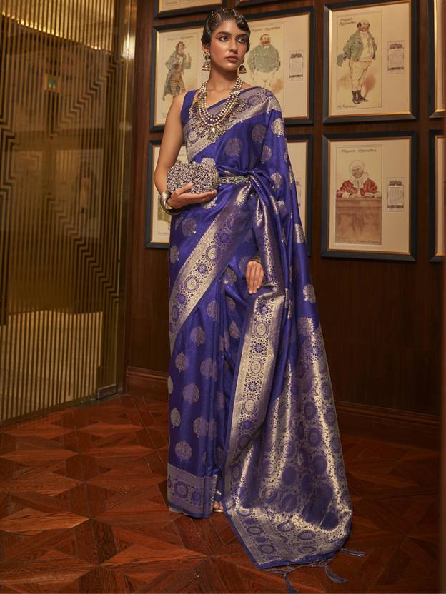 Blue Elegant Banarasi Silk Blend Saree with Unstitched Blouse Piece
