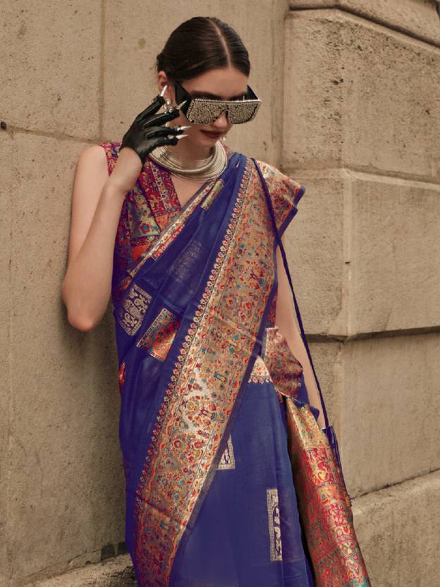 Blue Elegant Banarasi Silk Blend Woven Saree with Unstitched Blouse Piece