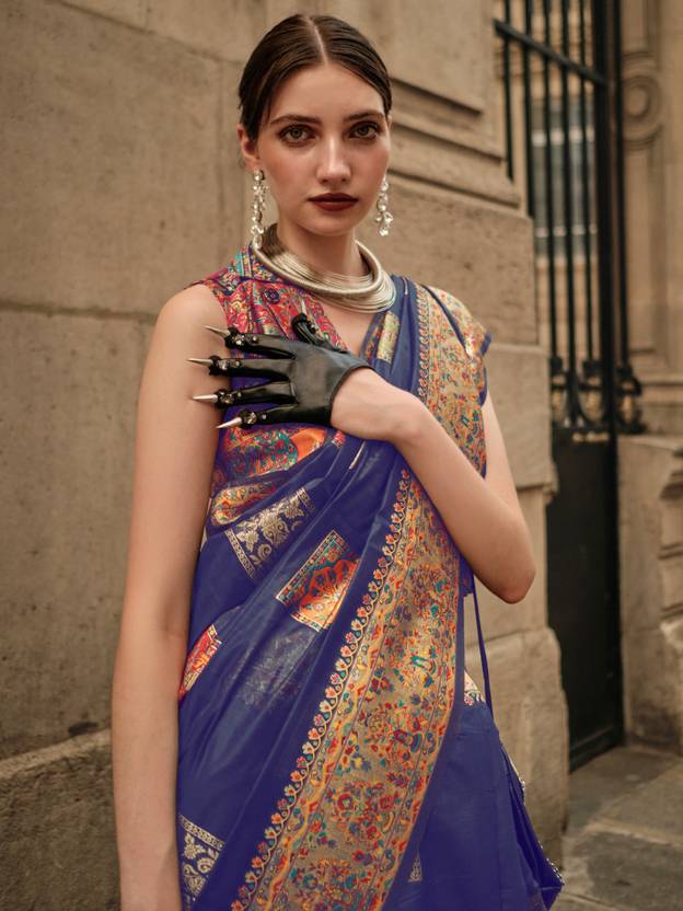 Blue Elegant Banarasi Silk Blend Woven Saree with Unstitched Blouse Piece