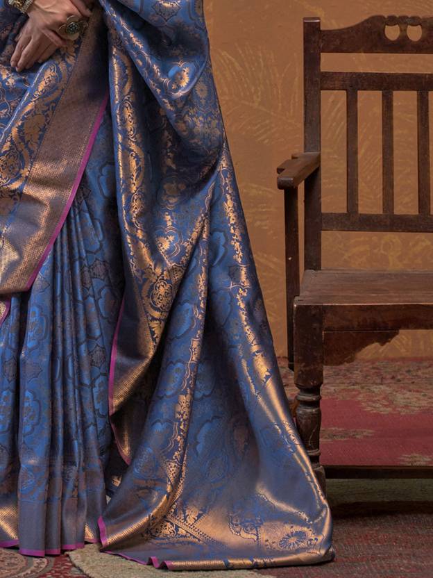 Blue Elegant Blended Silk Banarasi Saree with Blouse Piece – Timeless Traditional Charm