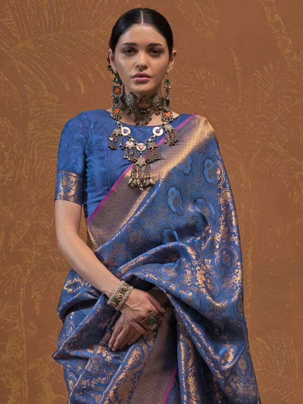 Blue Elegant Blended Silk Banarasi Saree with Blouse Piece – Timeless Traditional Charm