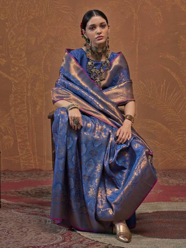 Blue Elegant Blended Silk Banarasi Saree with Blouse Piece – Timeless Traditional Charm
