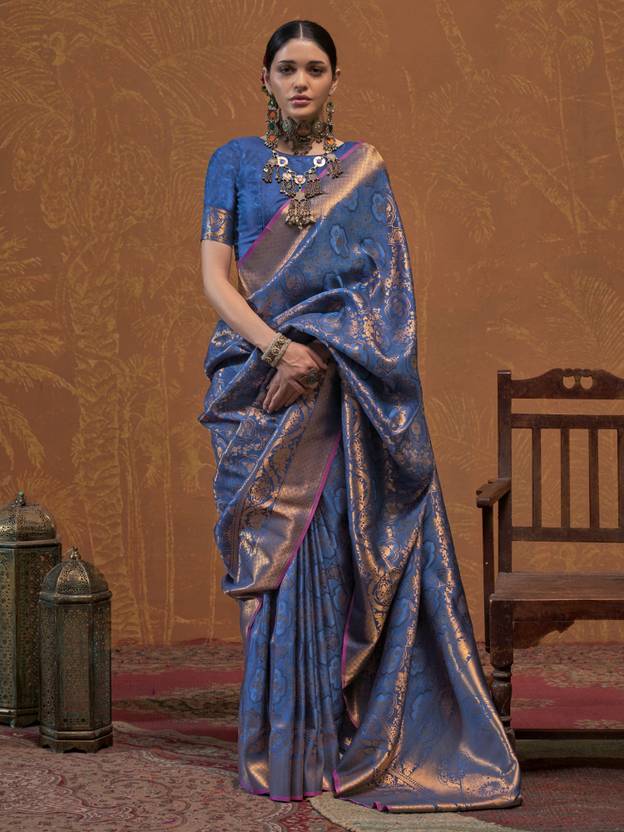 Blue Elegant Blended Silk Banarasi Saree with Blouse Piece – Timeless Traditional Charm