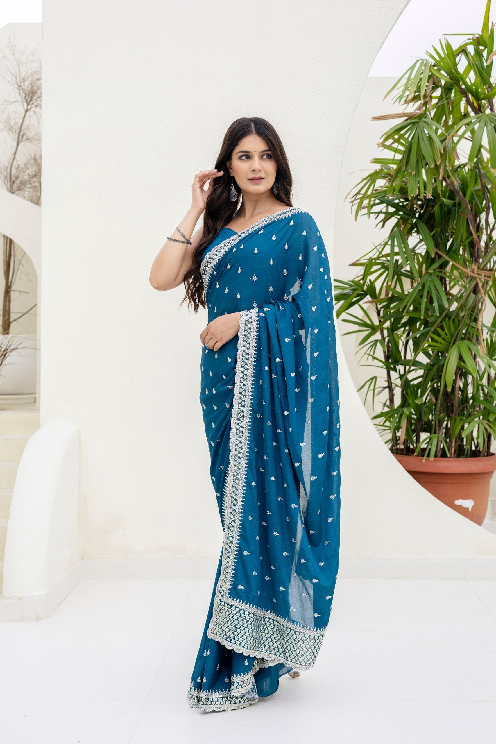 Blue Elegant Chinon Saree with Zari, Dori & 4mm Sequins Work with Banglori Silk Blouse – Festive Wear