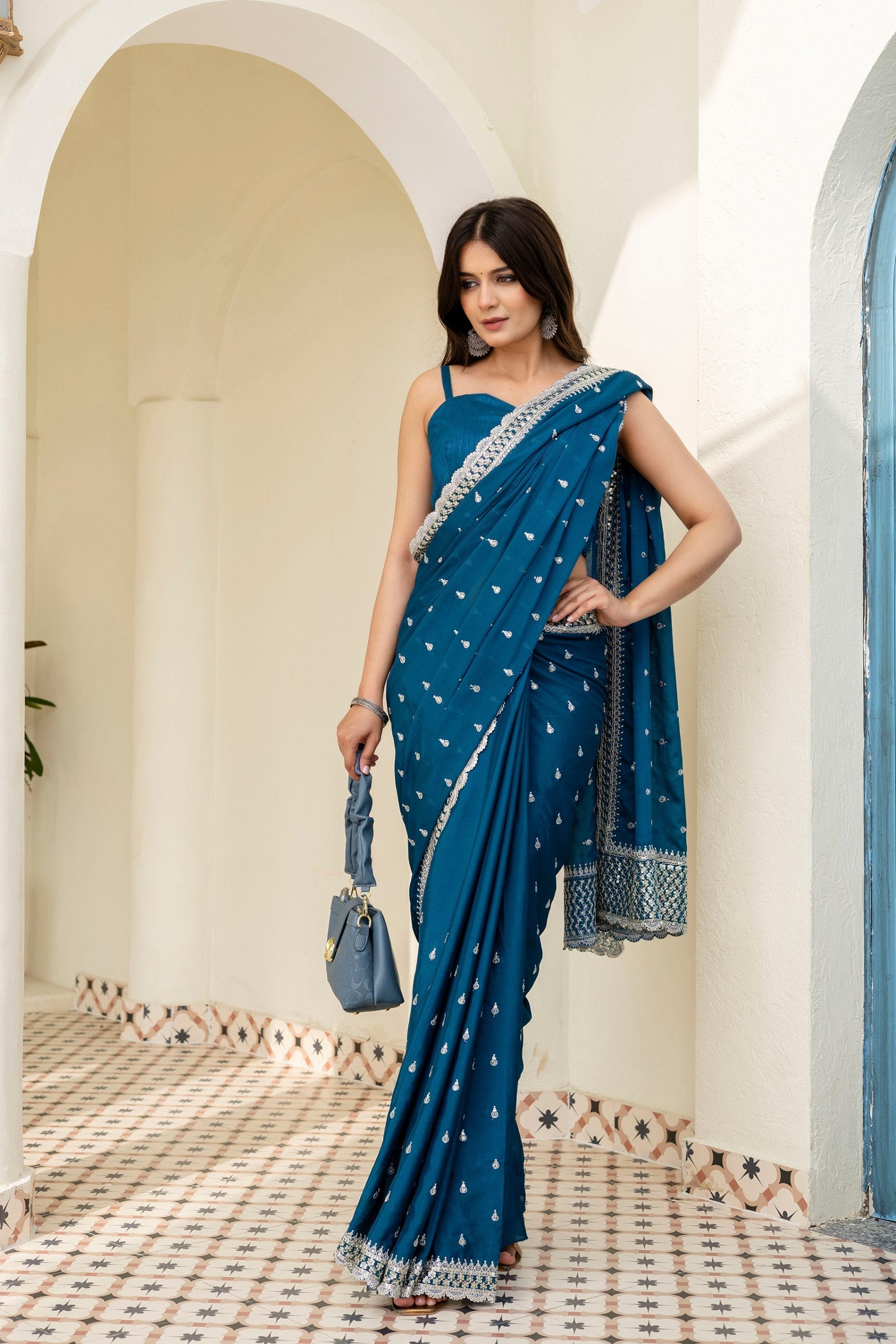Blue Elegant Chinon Saree with Zari, Dori & 4mm Sequins Work with Banglori Silk Blouse – Festive Wear