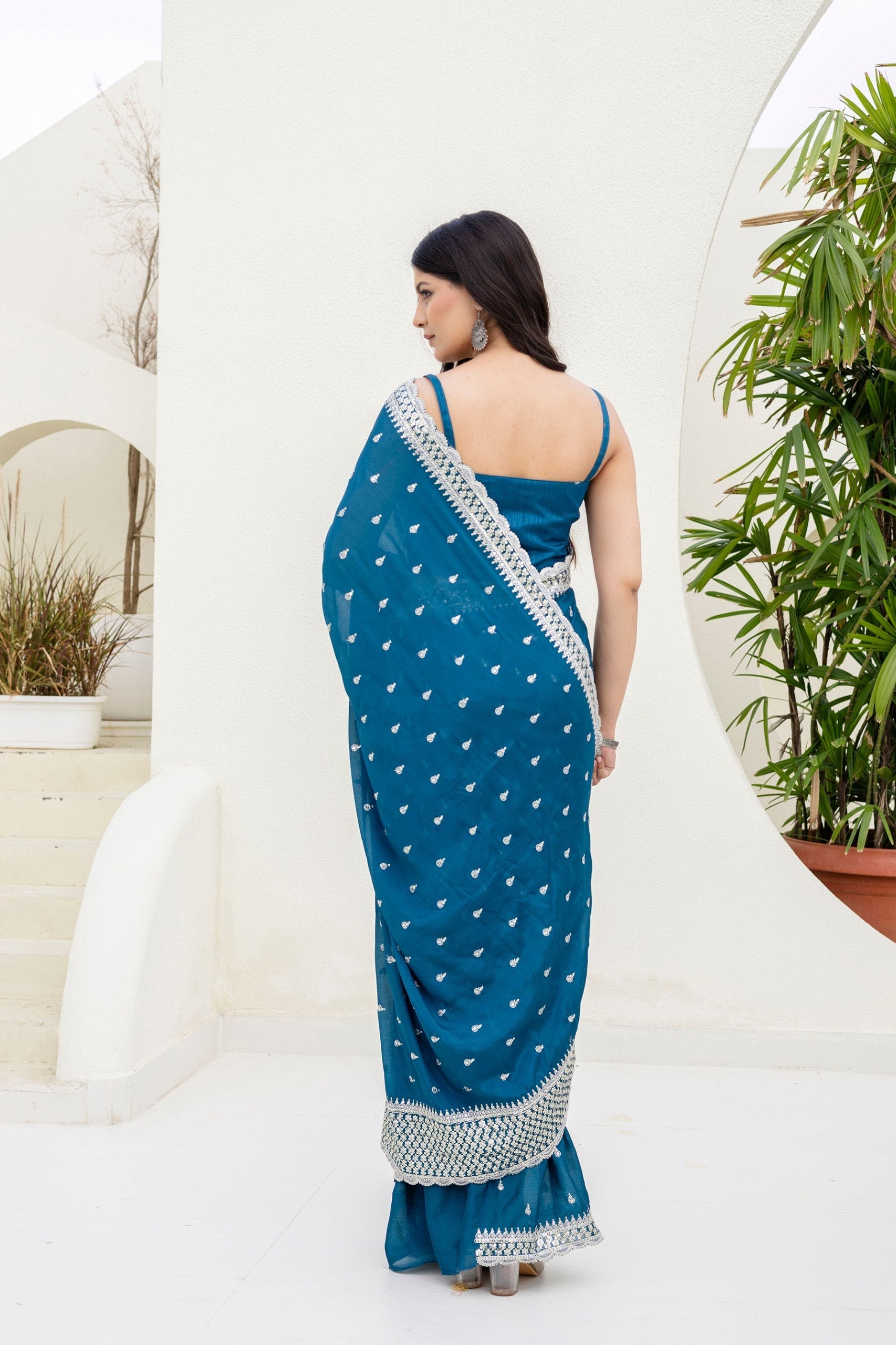 Blue Elegant Chinon Saree with Zari, Dori & 4mm Sequins Work with Banglori Silk Blouse – Festive Wear