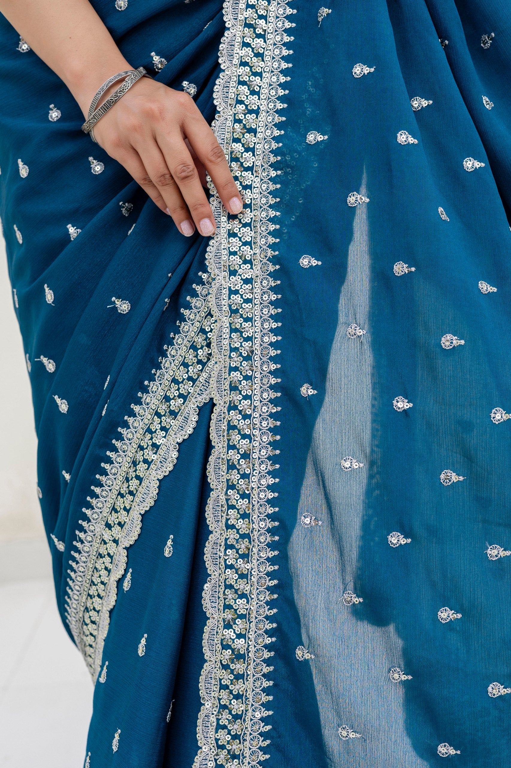Blue Elegant Chinon Saree with Zari, Dori & 4mm Sequins Work with Banglori Silk Blouse – Festive Wear