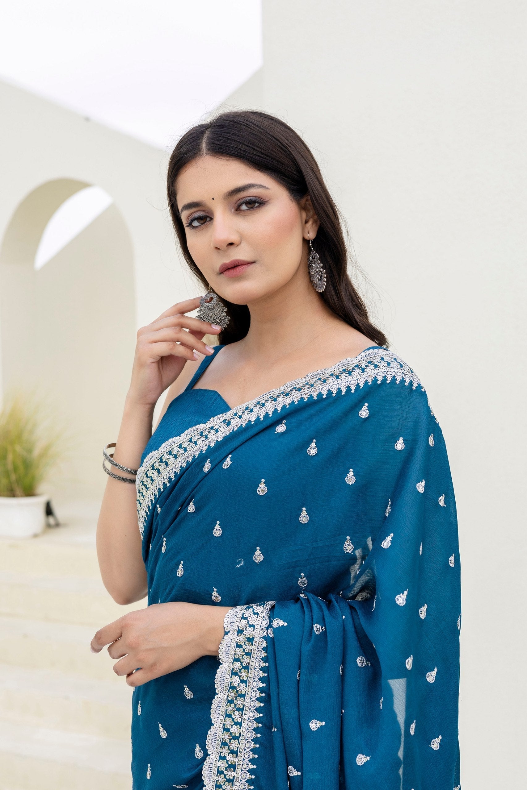 Blue Elegant Chinon Saree with Zari, Dori & 4mm Sequins Work with Banglori Silk Blouse – Festive Wear