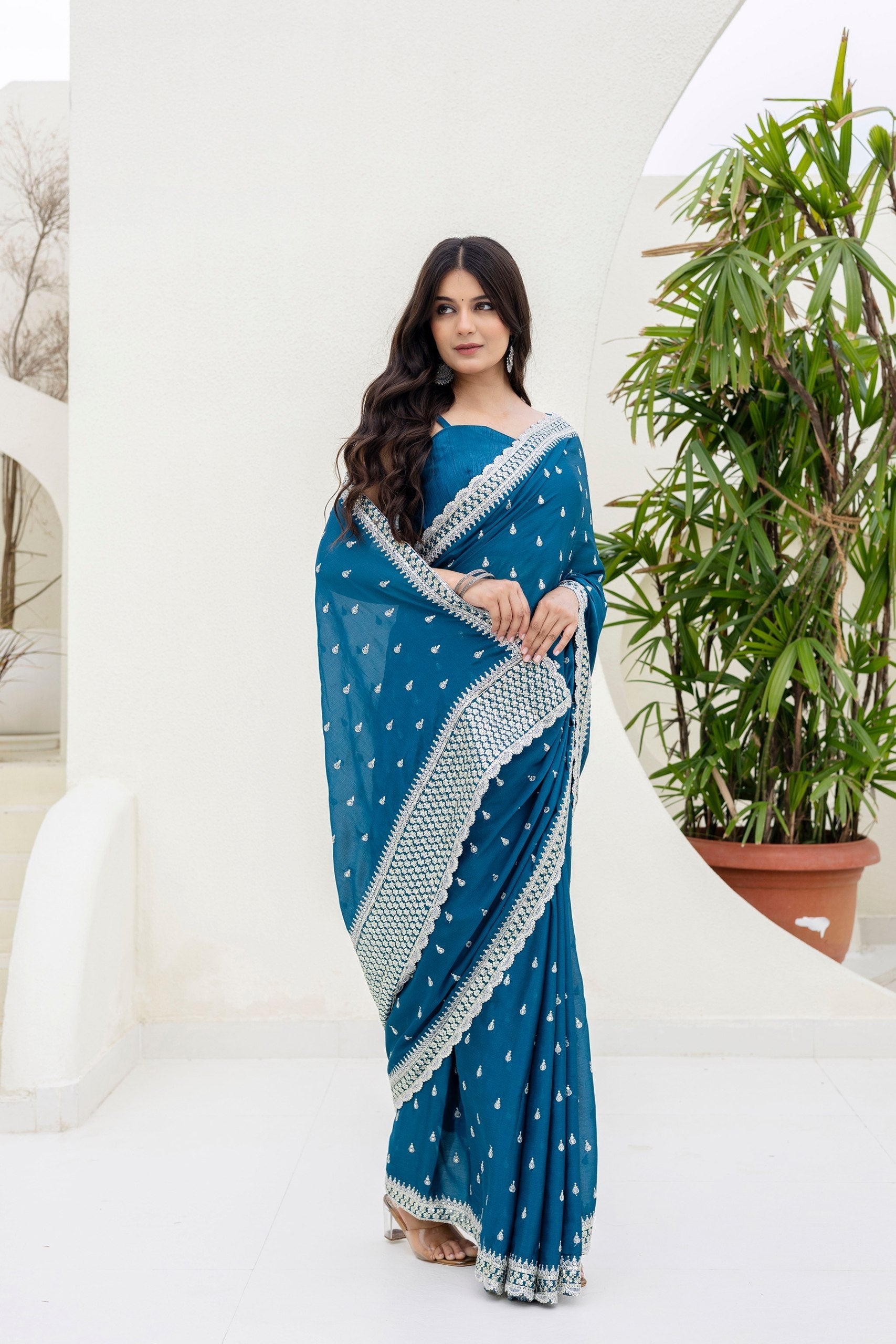 Blue Elegant Chinon Saree with Zari, Dori & 4mm Sequins Work with Banglori Silk Blouse – Festive Wear