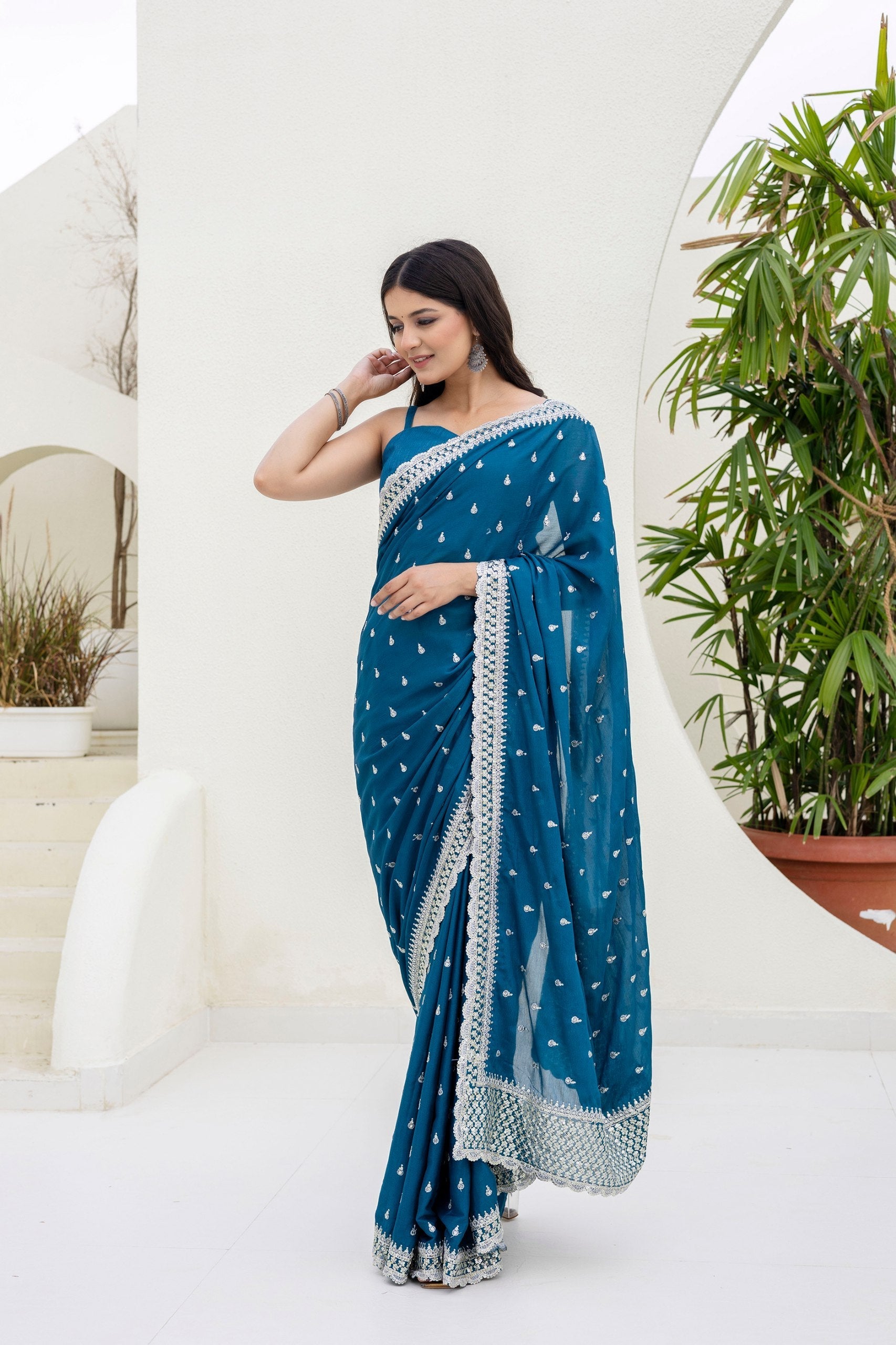 Blue Elegant Chinon Saree with Zari, Dori & 4mm Sequins Work with Banglori Silk Blouse – Festive Wear