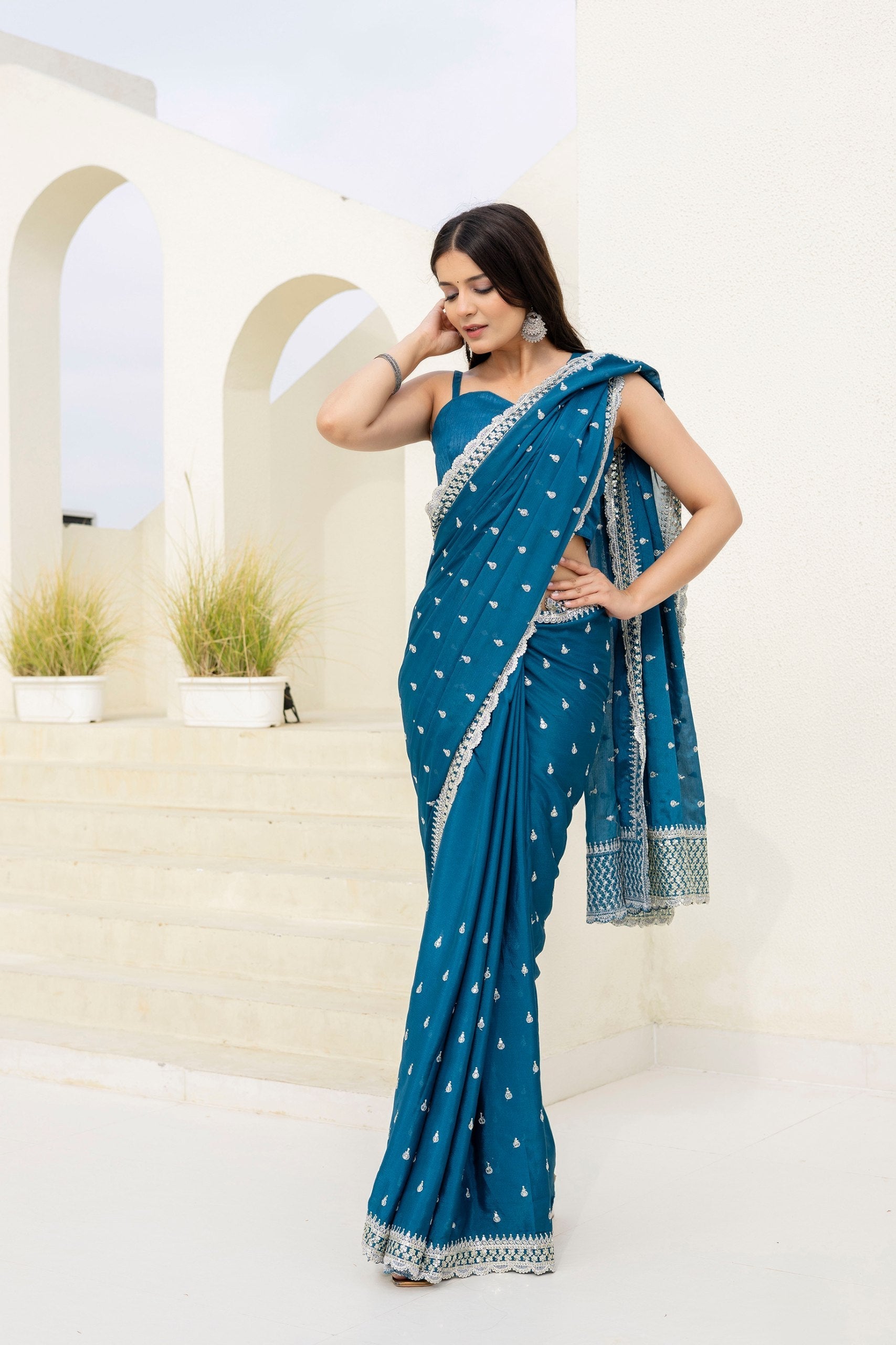 Blue Elegant Chinon Saree with Zari, Dori & 4mm Sequins Work with Banglori Silk Blouse – Festive Wear