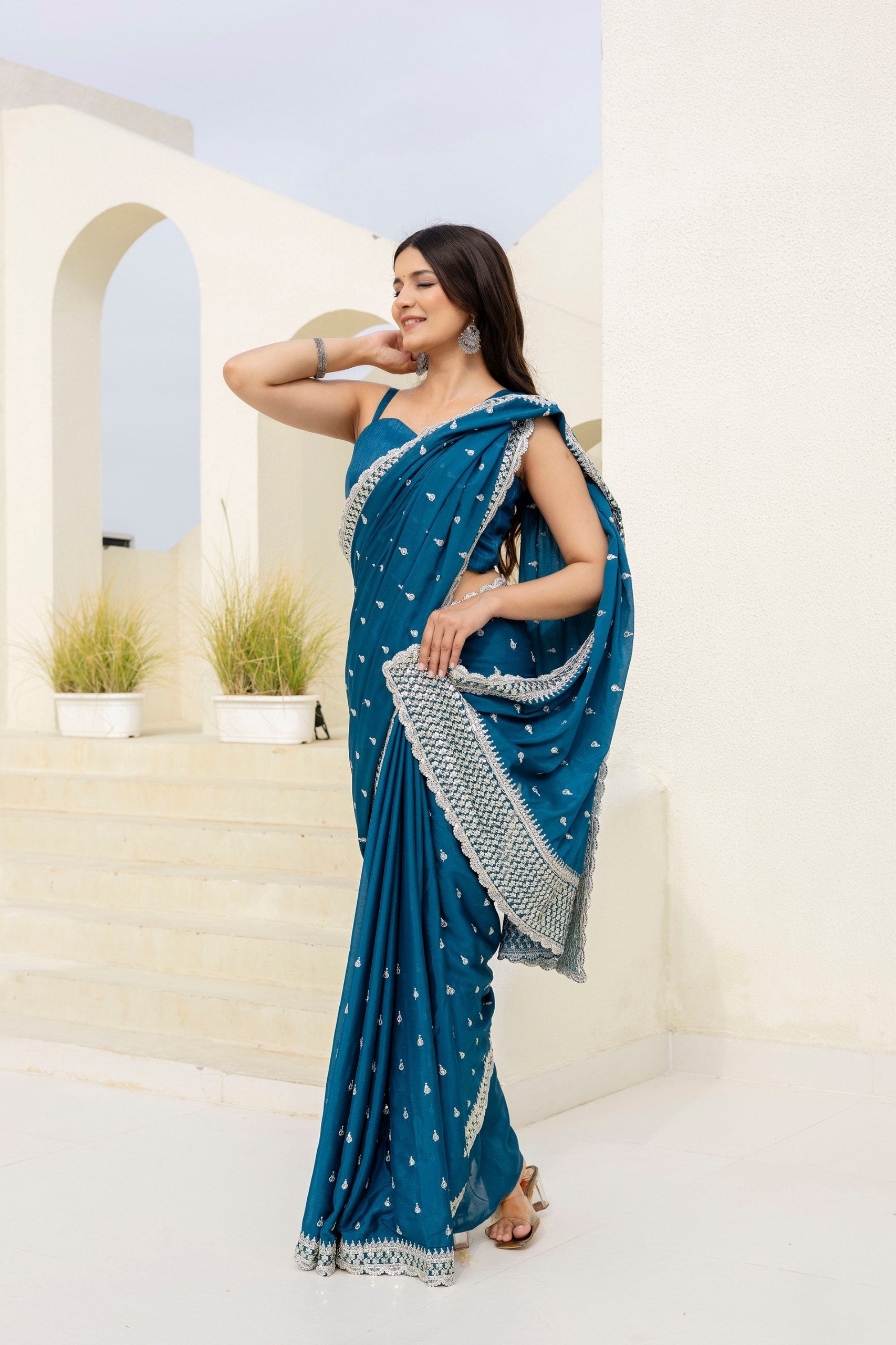 Blue Elegant Chinon Saree with Zari, Dori & 4mm Sequins Work with Banglori Silk Blouse – Festive Wear