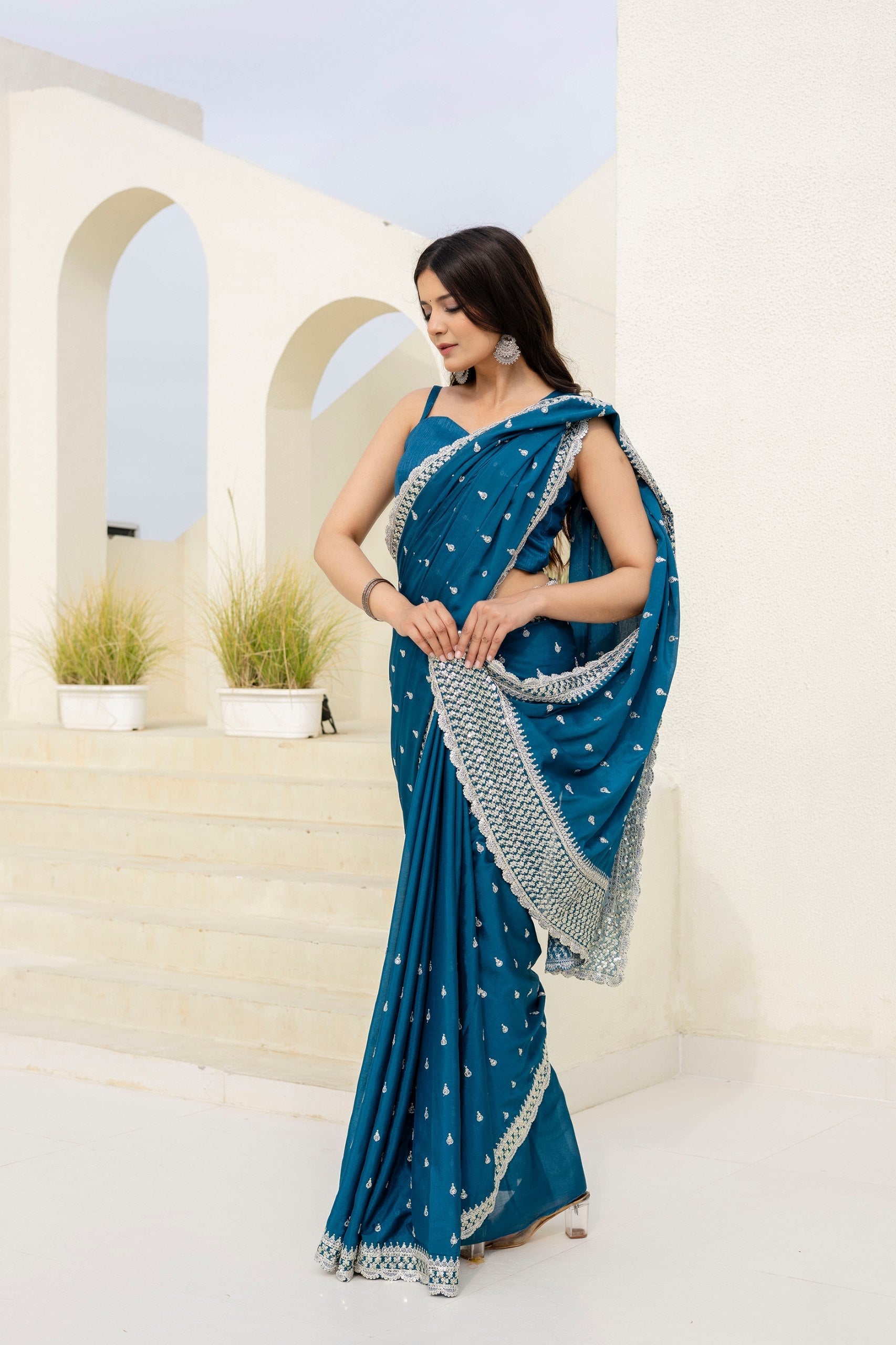 Blue Elegant Chinon Saree with Zari, Dori & 4mm Sequins Work with Banglori Silk Blouse – Festive Wear