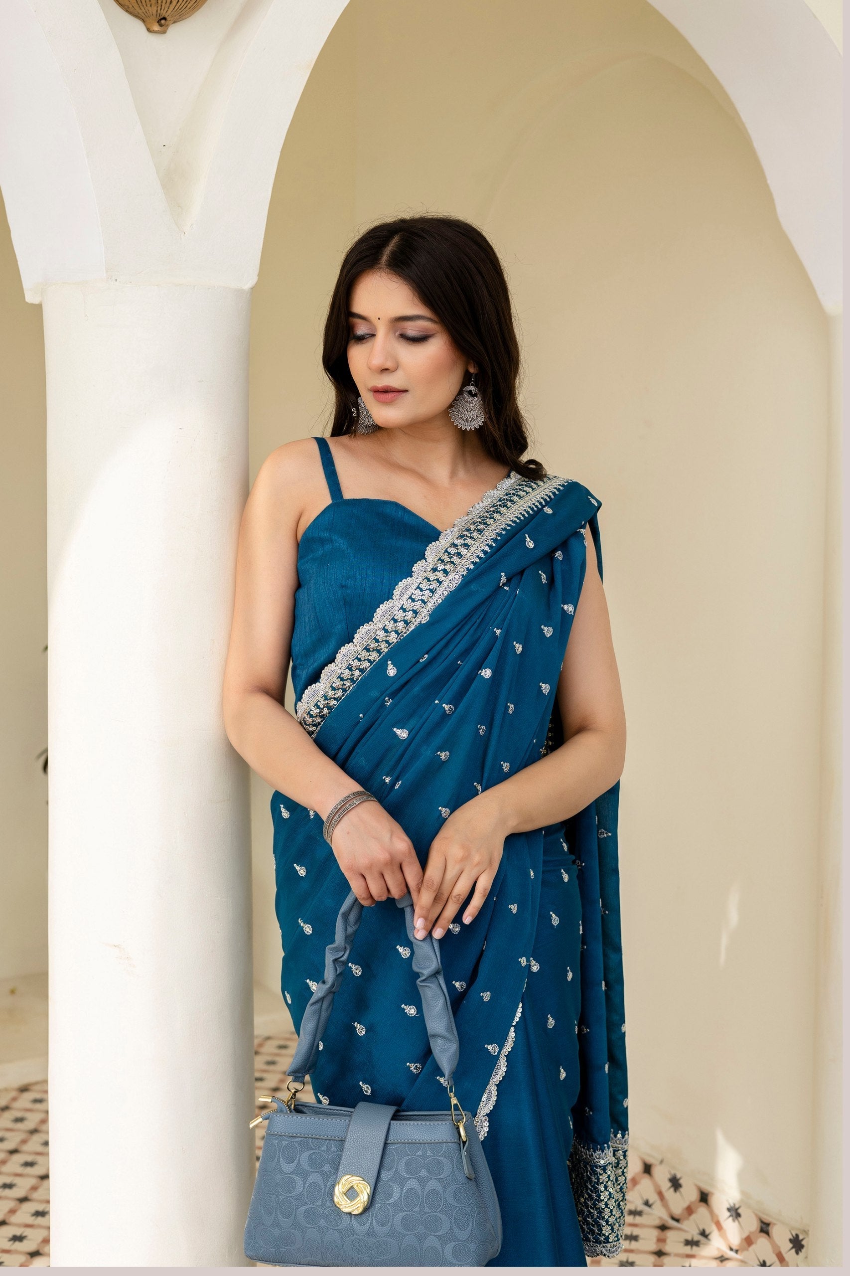 Blue Elegant Chinon Saree with Zari, Dori & 4mm Sequins Work with Banglori Silk Blouse – Festive Wear