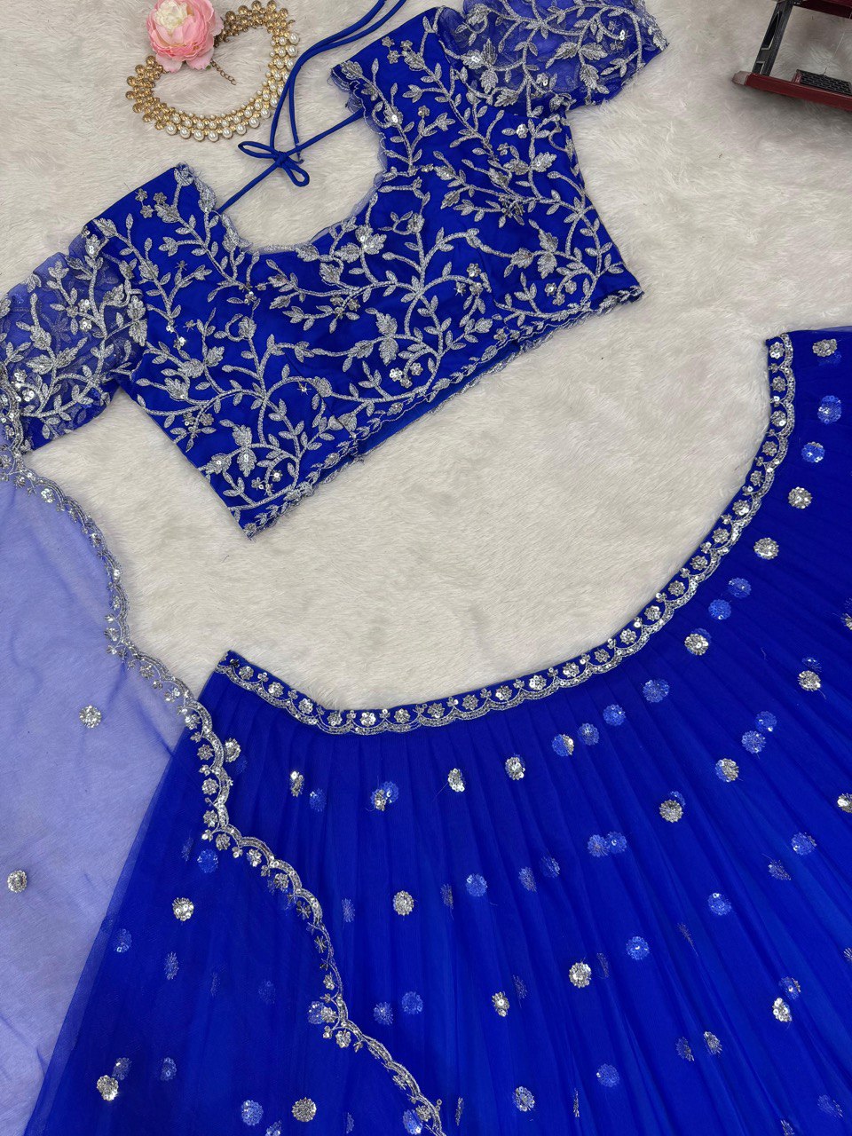 Blue Elegant Faux Georgette Lehenga Set with Thread & Sequin Work Semi-Stitched Designer Outfit