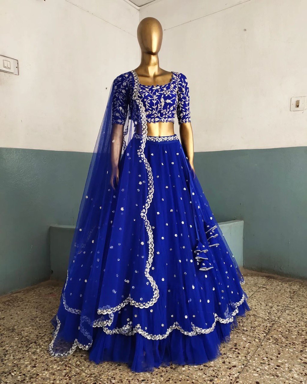 Blue Elegant Faux Georgette Lehenga Set with Thread & Sequin Work Semi-Stitched Designer Outfit