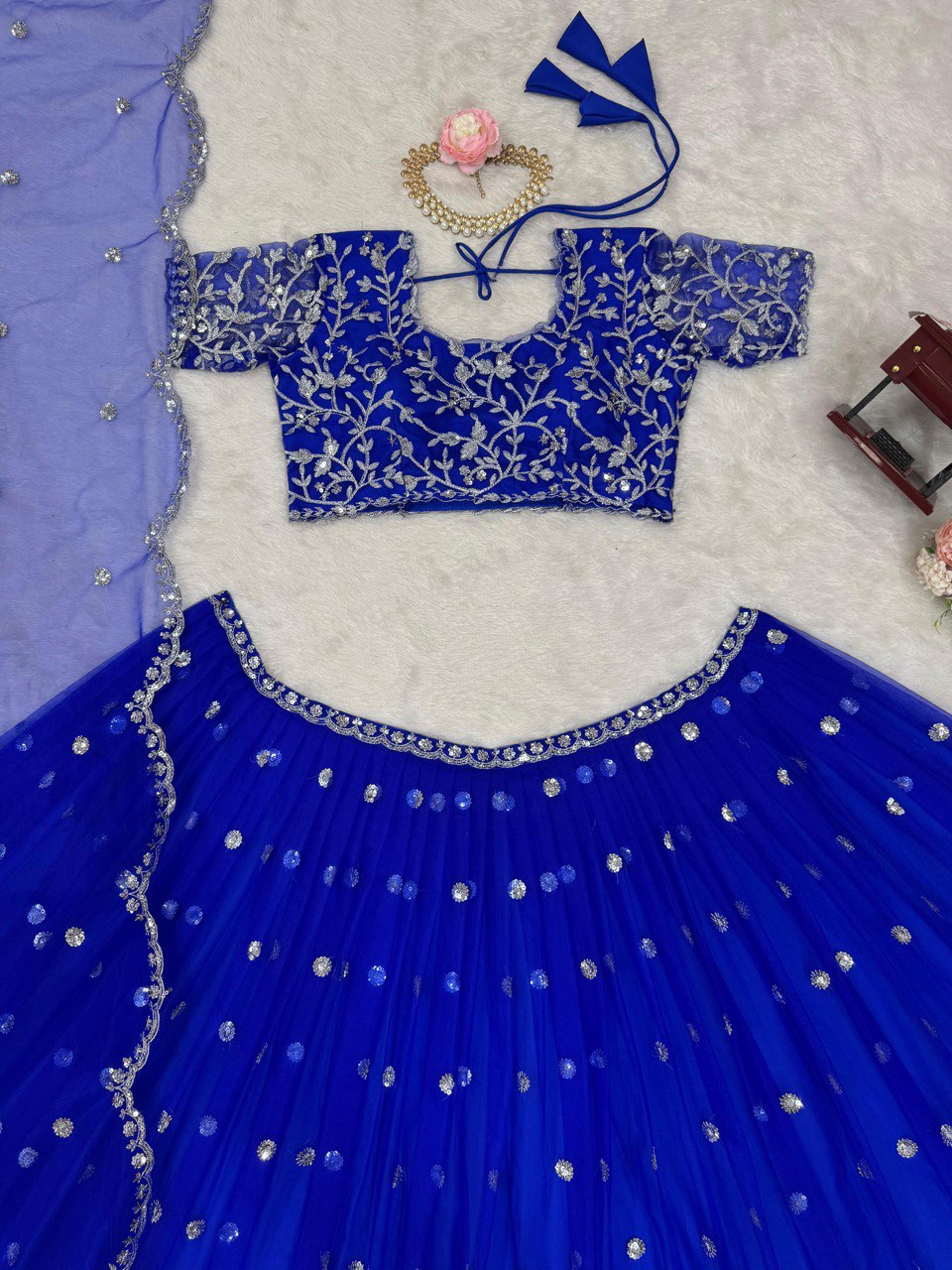 Blue Elegant Faux Georgette Lehenga Set with Thread & Sequin Work Semi-Stitched Designer Outfit