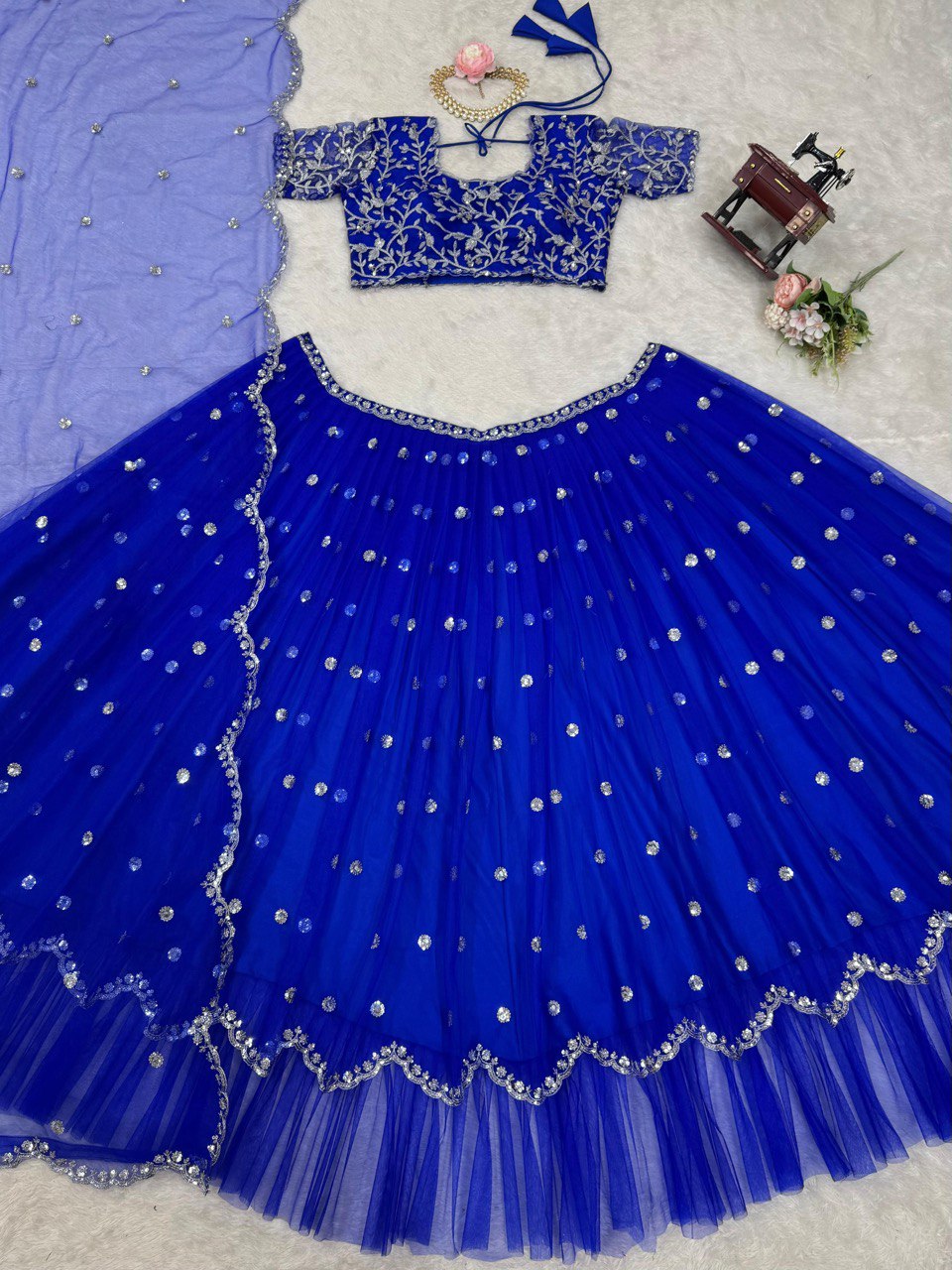 Blue Elegant Faux Georgette Lehenga Set with Thread & Sequin Work Semi-Stitched Designer Outfit