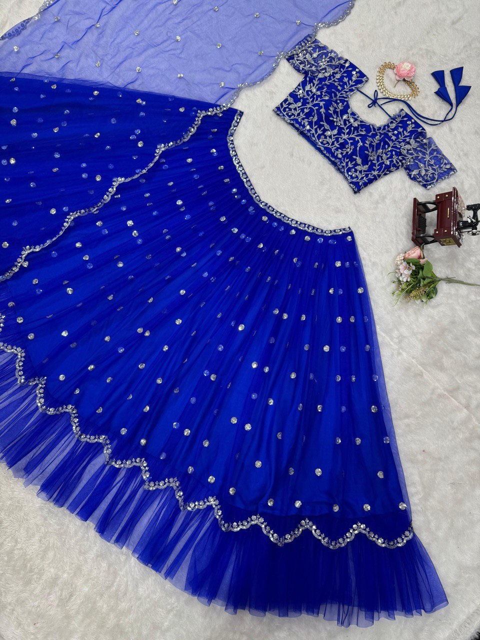 Blue Elegant Faux Georgette Lehenga Set with Thread & Sequin Work Semi-Stitched Designer Outfit