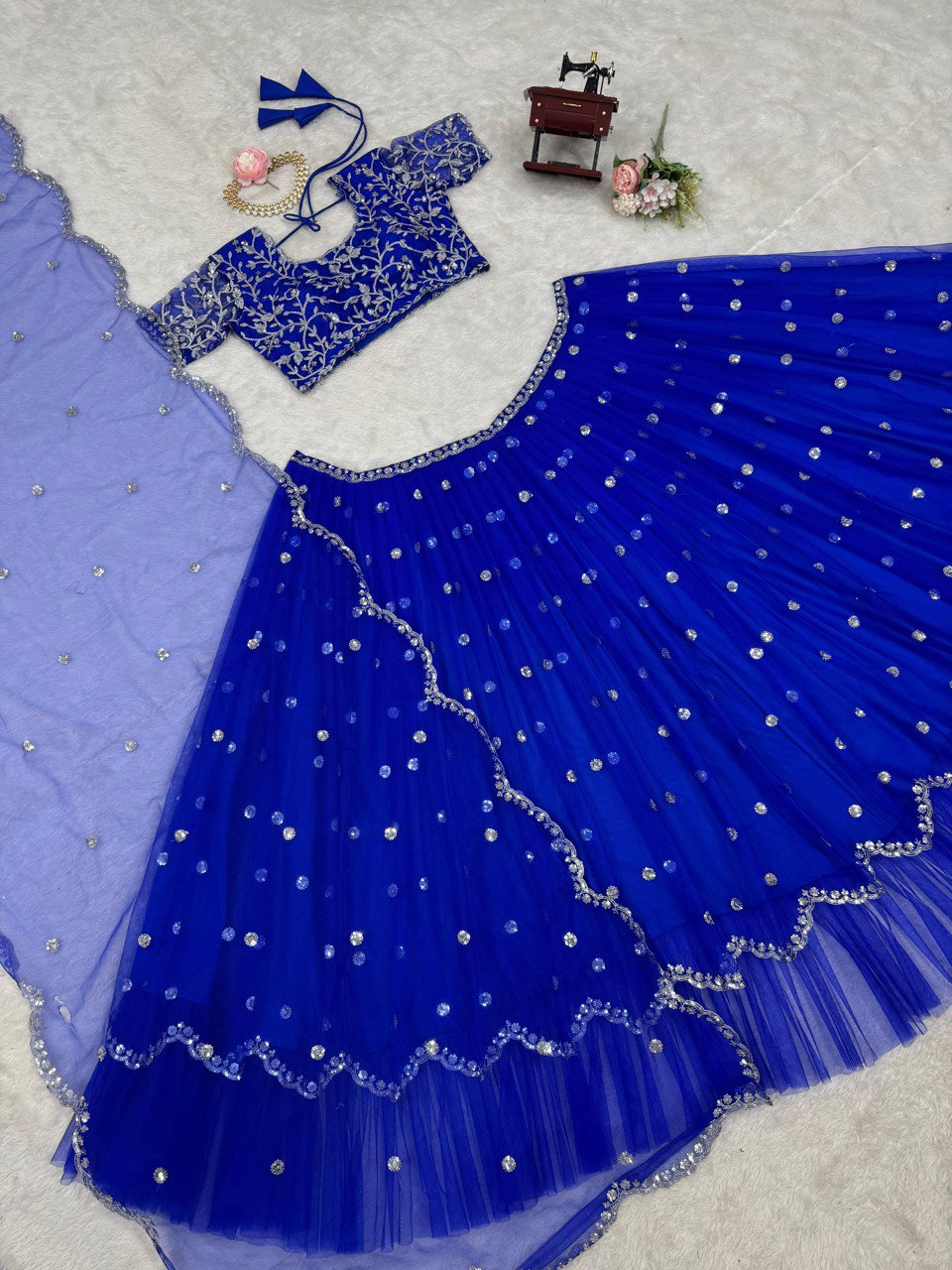 Blue Elegant Faux Georgette Lehenga Set with Thread & Sequin Work Semi-Stitched Designer Outfit