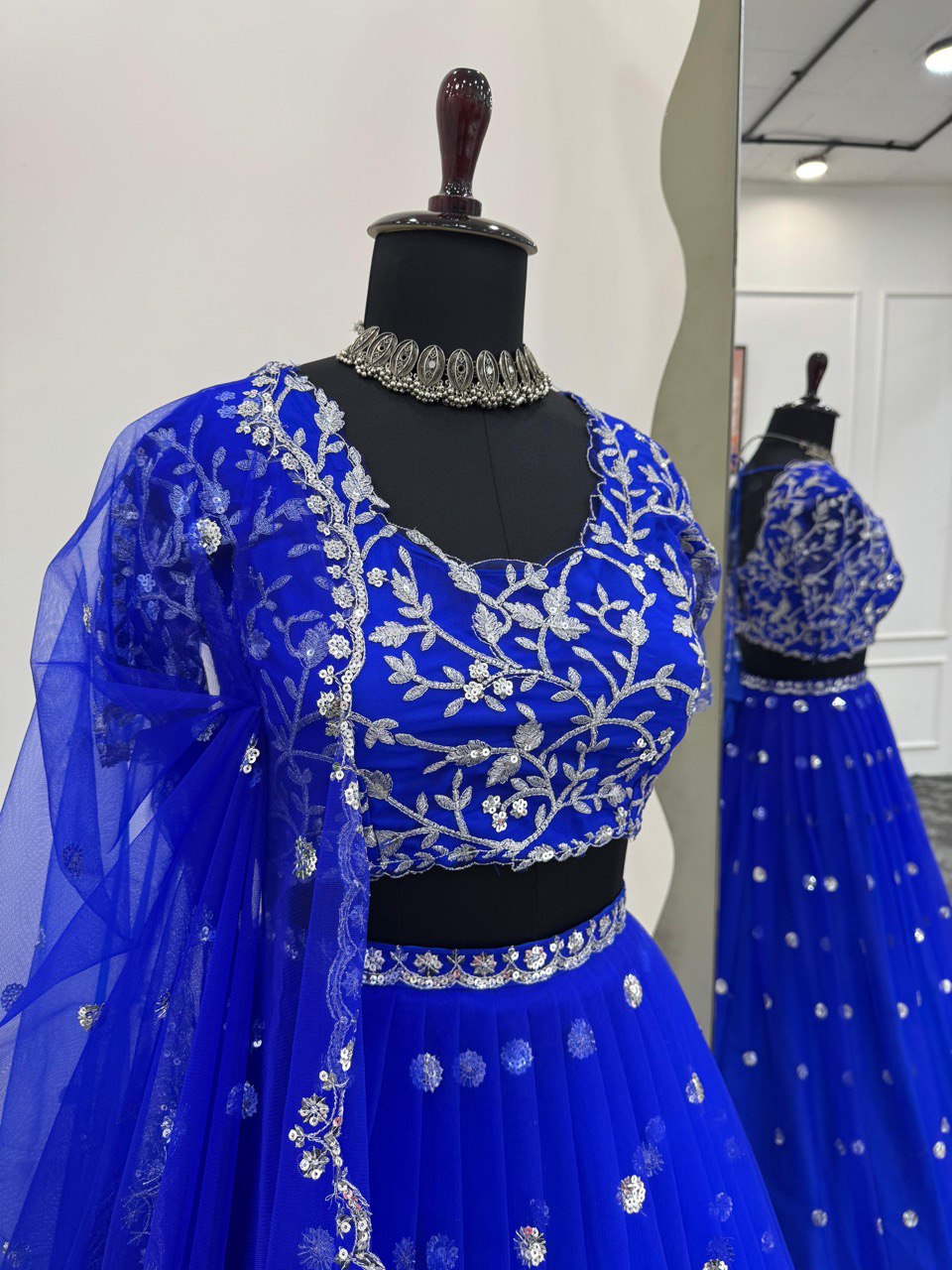 Blue Elegant Faux Georgette Lehenga Set with Thread & Sequin Work Semi-Stitched Designer Outfit