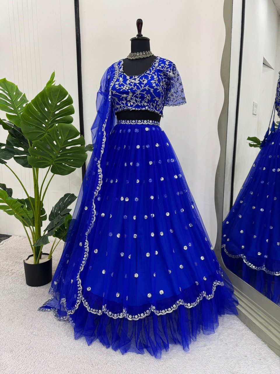 Blue Elegant Faux Georgette Lehenga Set with Thread & Sequin Work Semi-Stitched Designer Outfit