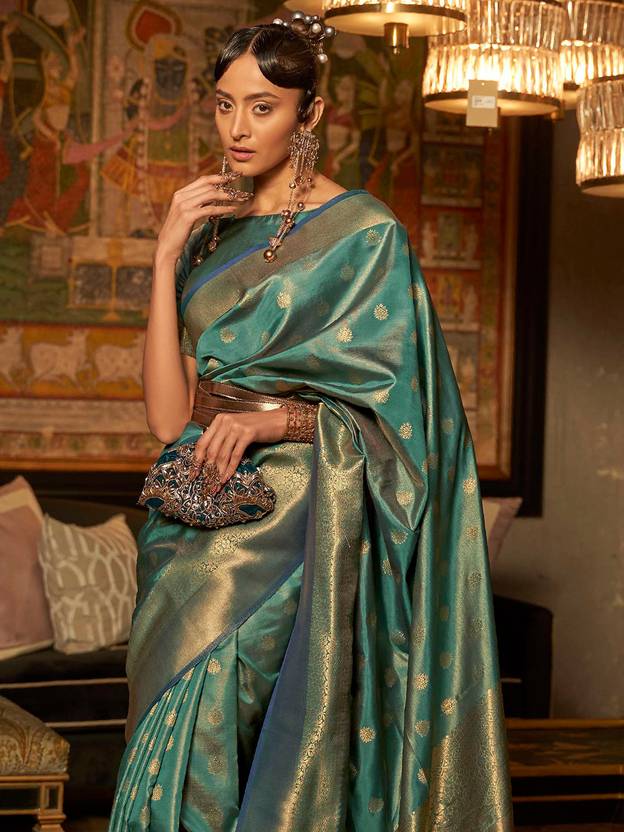 Blue Elegant Kanjivaram Kanchipuram Silk Saree Traditional Grace