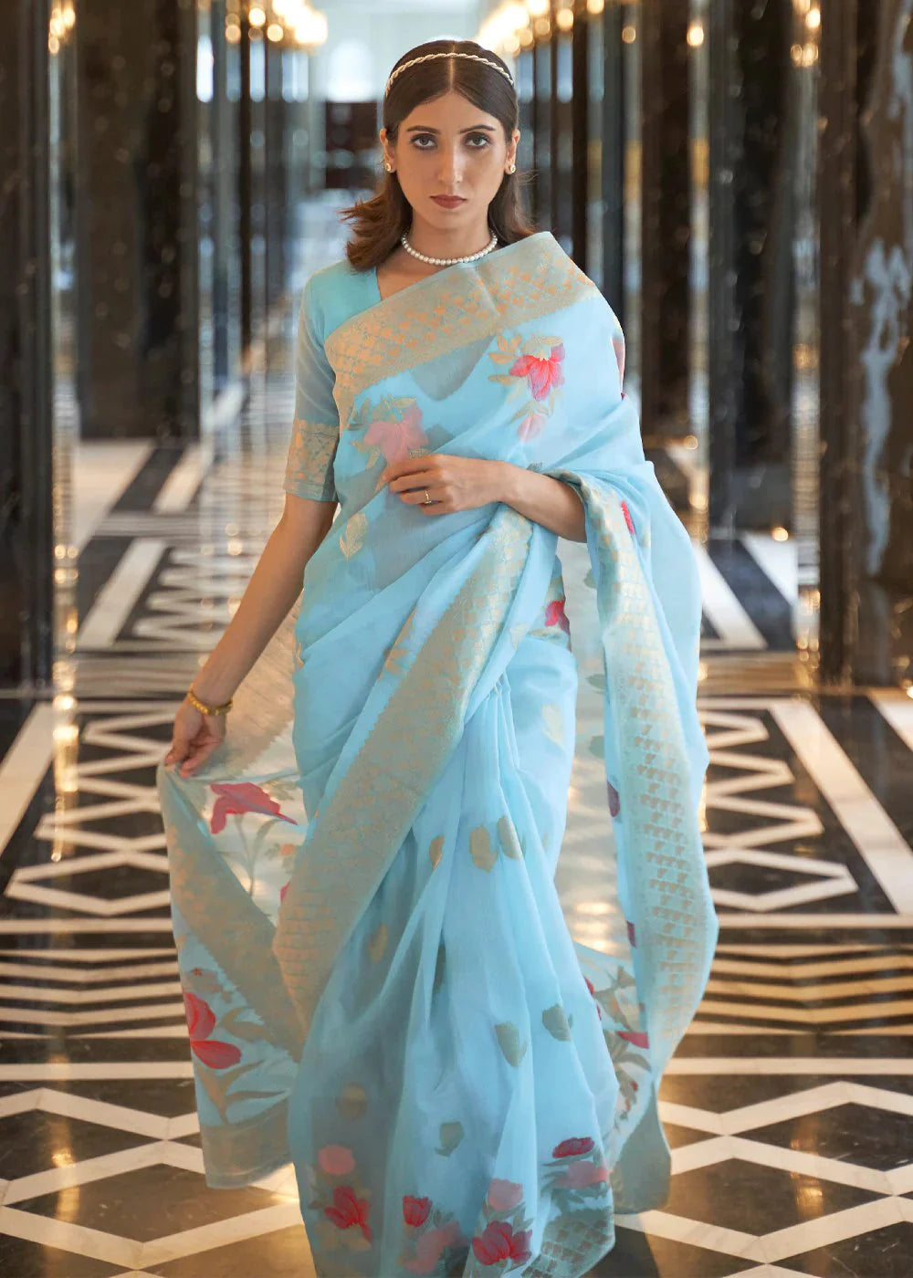 Blue Elegant Linen Saree with Floral Printed Weaving Work